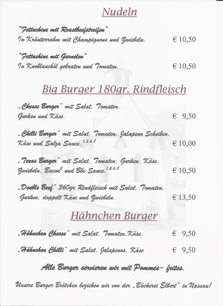 Speise und Getränkekarte Gaststätte Burgblick